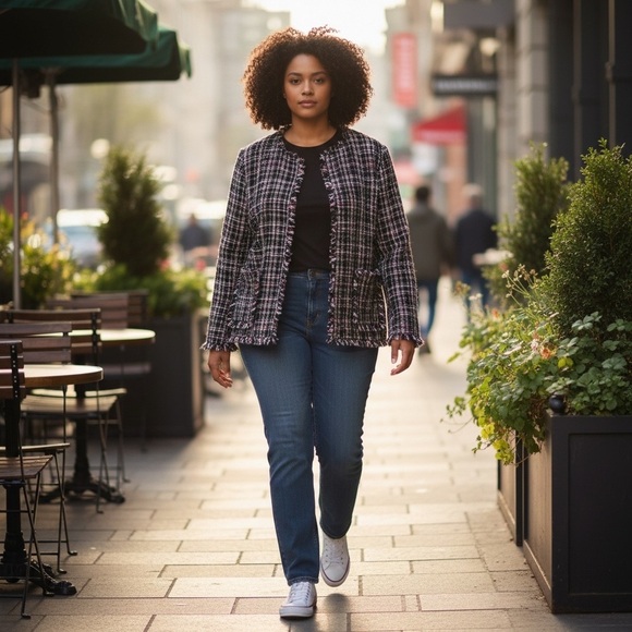 Chico's Tweed Fringe Blazer, Black Lining, with Two Front Pockets - Picture 3 of 12